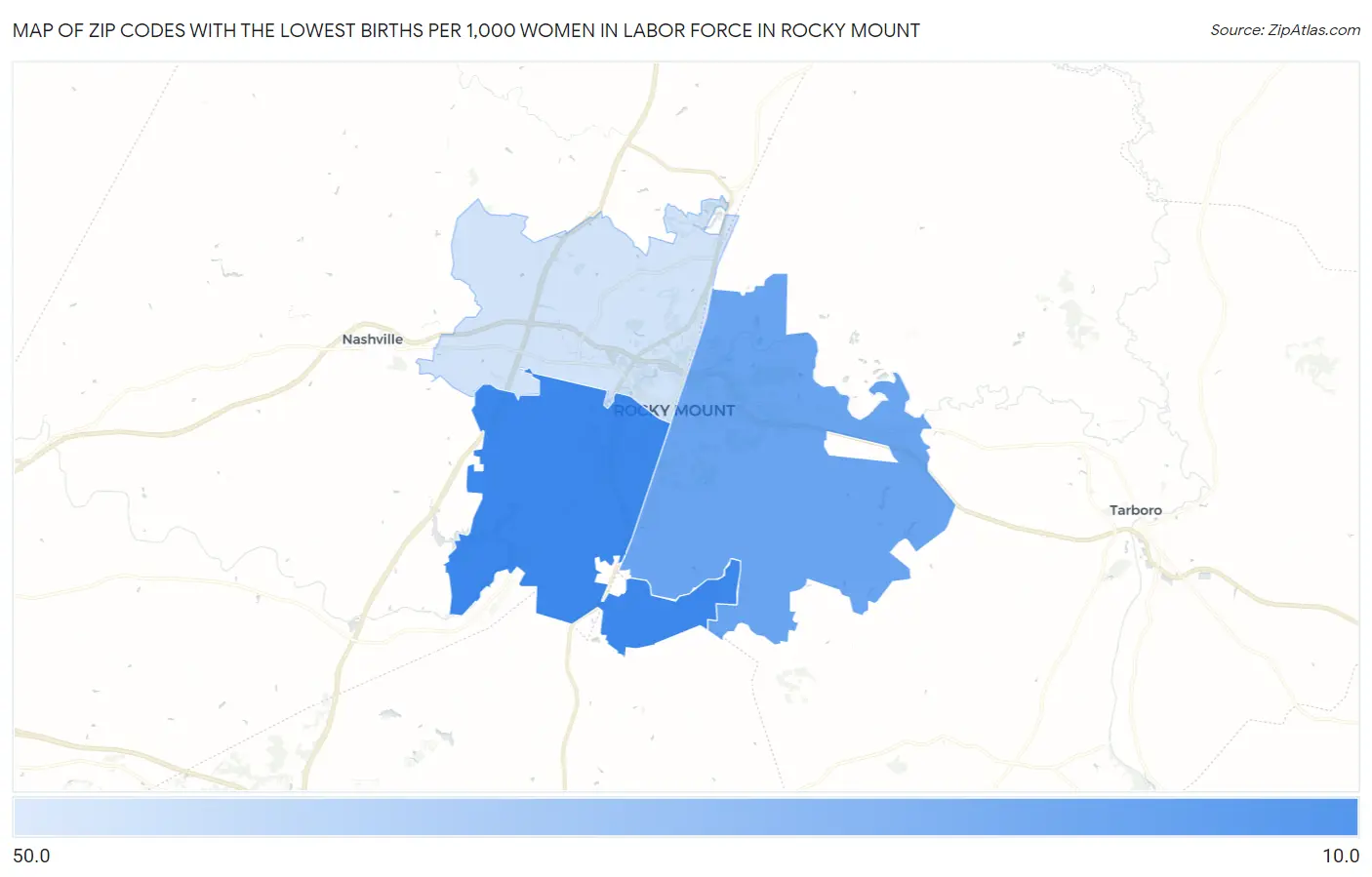 Zip Codes with the Lowest Births per 1,000 Women in Labor Force in Rocky Mount Map