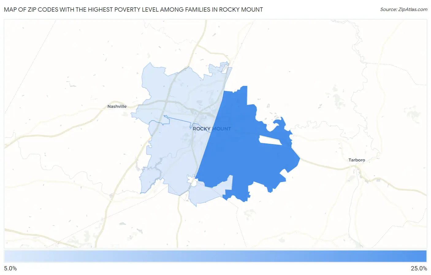 Zip Codes with the Highest Poverty Level Among Families in Rocky Mount Map