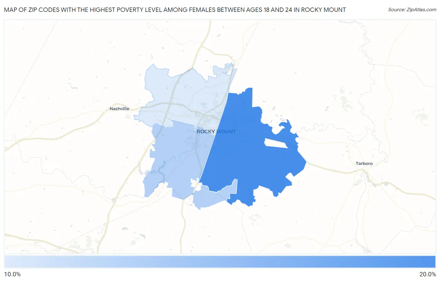 Zip Codes with the Highest Poverty Level Among Females Between Ages 18 and 24 in Rocky Mount Map