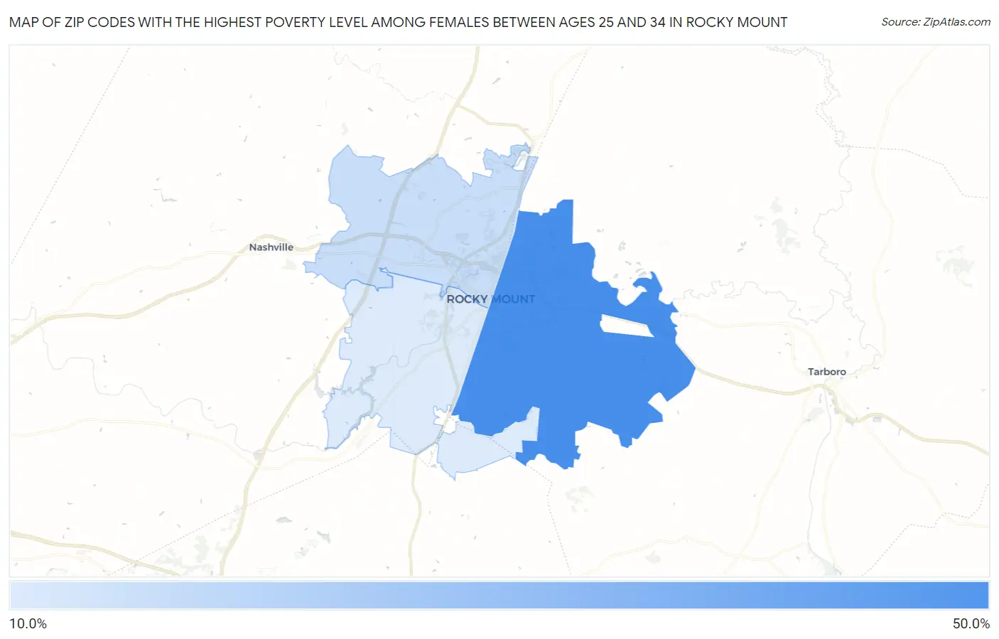 Zip Codes with the Highest Poverty Level Among Females Between Ages 25 and 34 in Rocky Mount Map