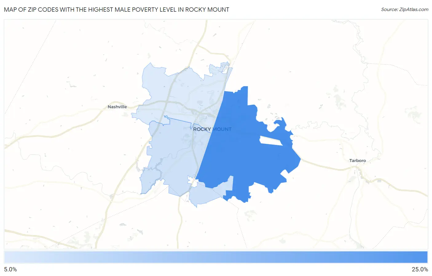 Zip Codes with the Highest Male Poverty Level in Rocky Mount Map