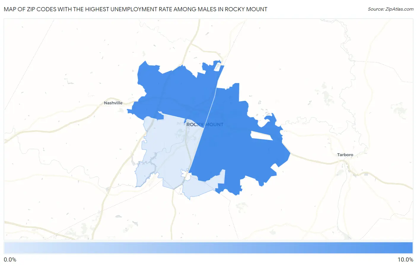 Zip Codes with the Highest Unemployment Rate Among Males in Rocky Mount Map