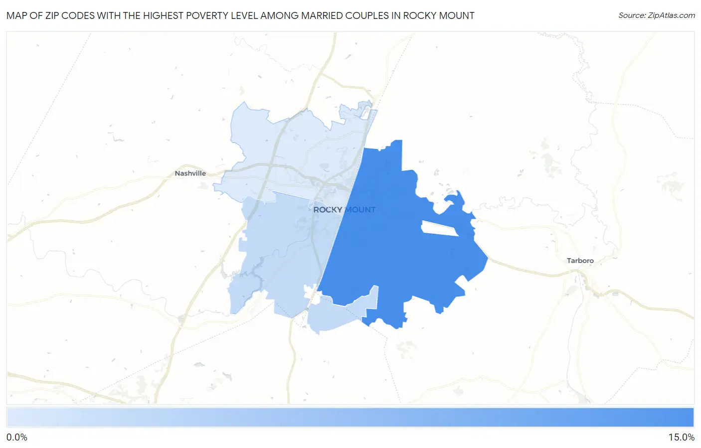 Zip Codes with the Highest Poverty Level Among Married Couples in Rocky Mount Map