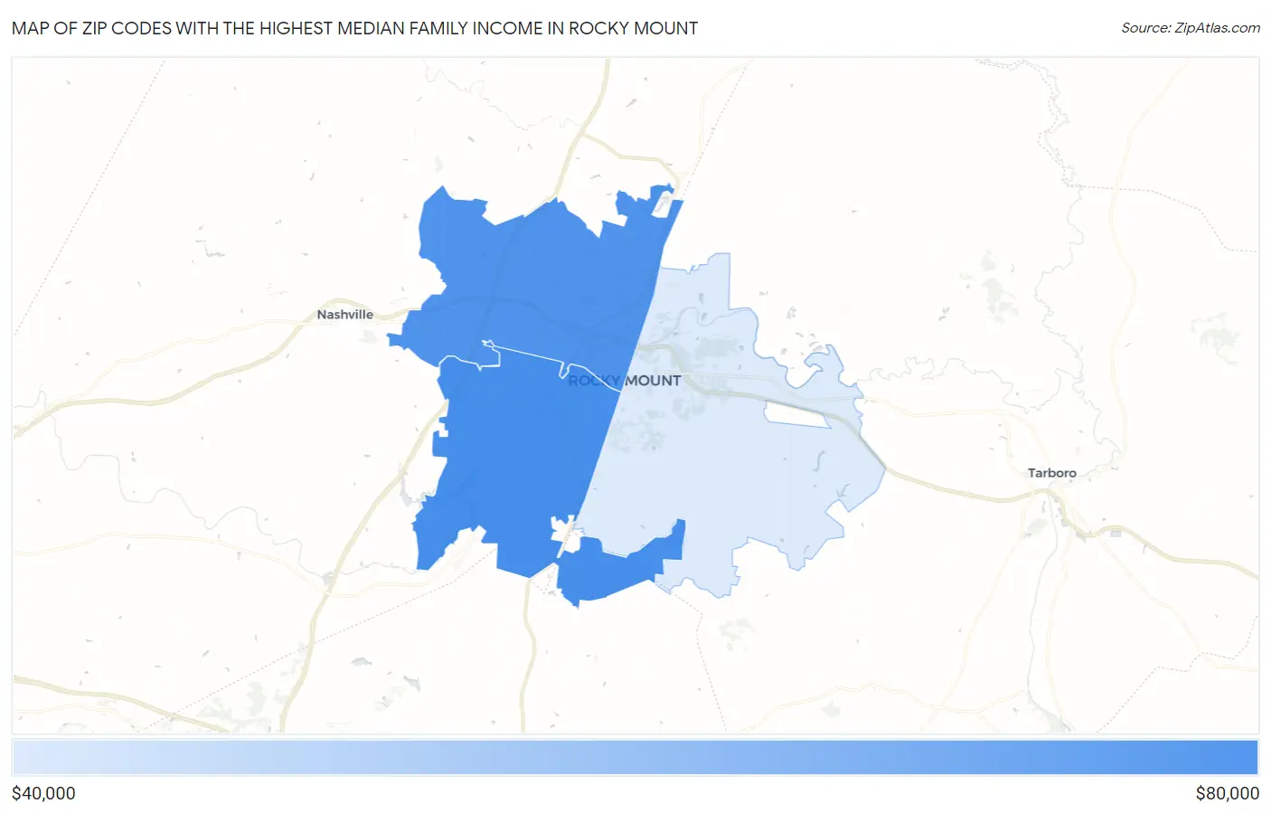 Zip Codes with the Highest Median Family Income in Rocky Mount Map