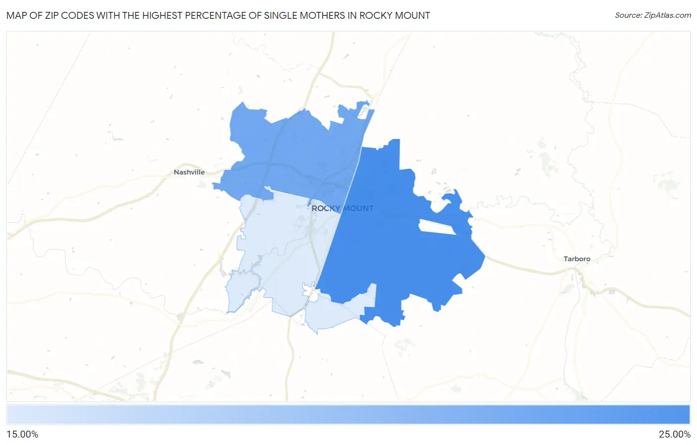 Zip Codes with the Highest Percentage of Single Mothers in Rocky Mount Map