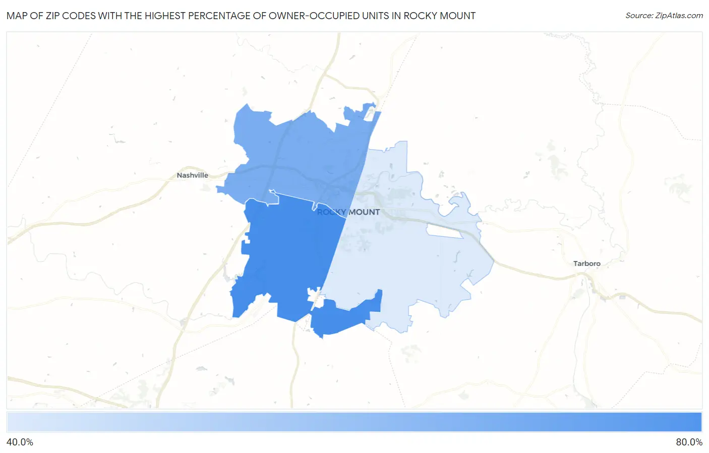 Zip Codes with the Highest Percentage of Owner-Occupied Units in Rocky Mount Map