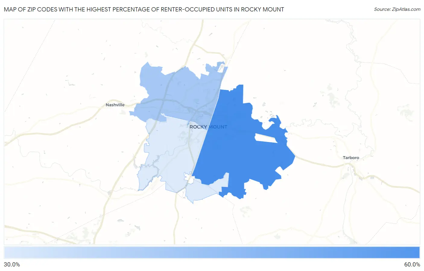 Zip Codes with the Highest Percentage of Renter-Occupied Units in Rocky Mount Map