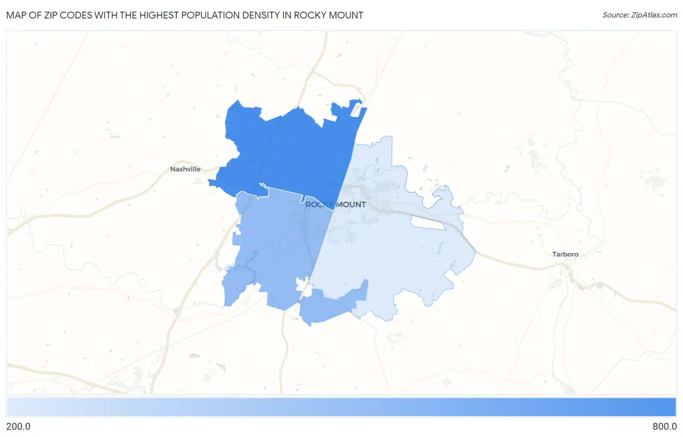 Zip Codes with the Highest Population Density in Rocky Mount Map