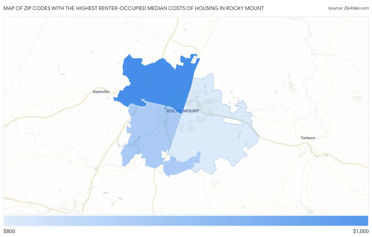 Zip Codes with the Highest Renter-Occupied Median Costs of Housing in Rocky Mount Map