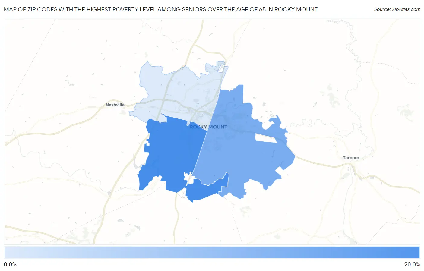 Zip Codes with the Highest Poverty Level Among Seniors Over the Age of 65 in Rocky Mount Map
