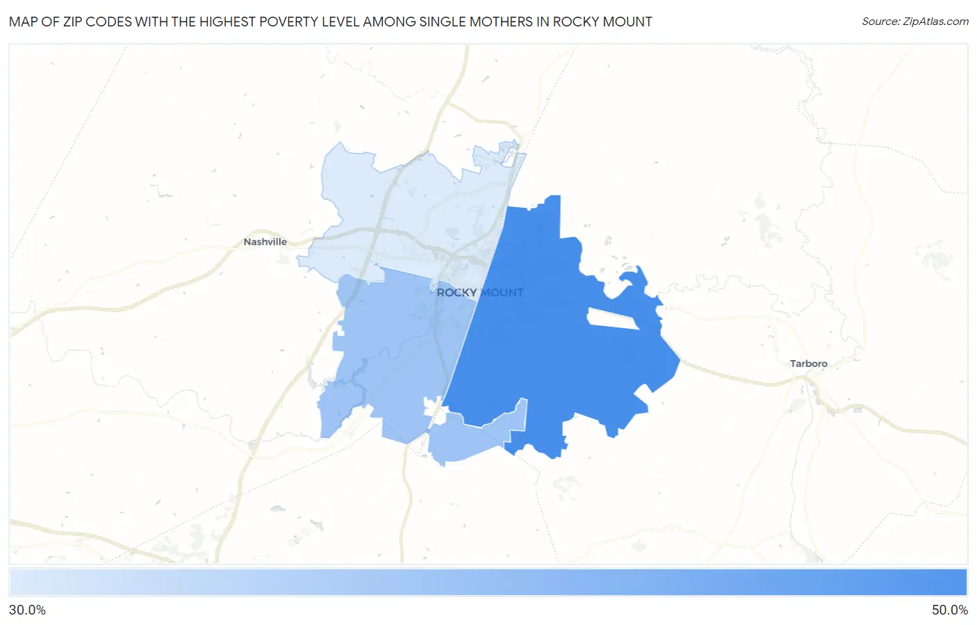 Zip Codes with the Highest Poverty Level Among Single Mothers in Rocky Mount Map