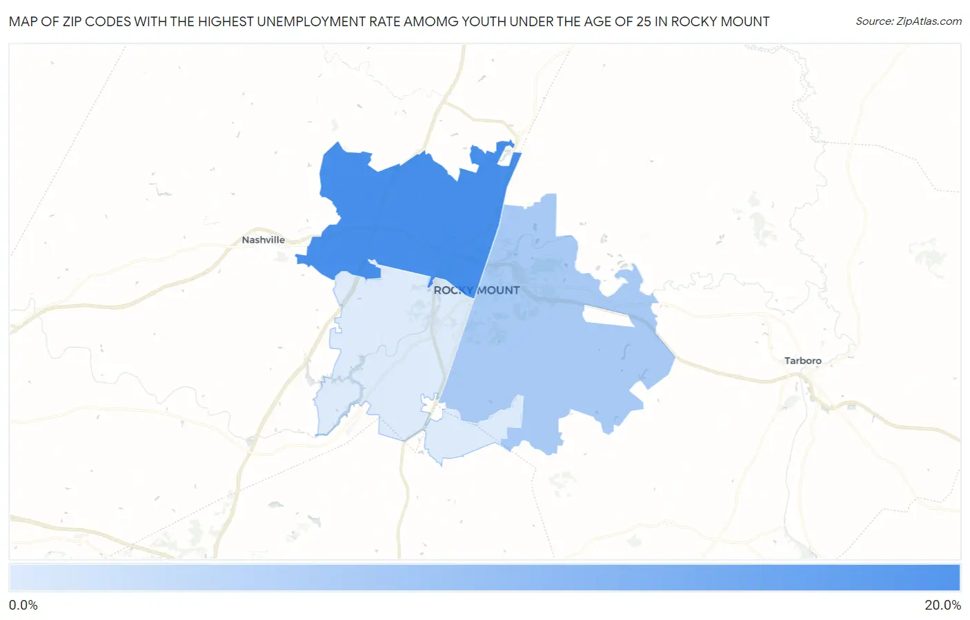 Zip Codes with the Highest Unemployment Rate Amomg Youth Under the Age of 25 in Rocky Mount Map