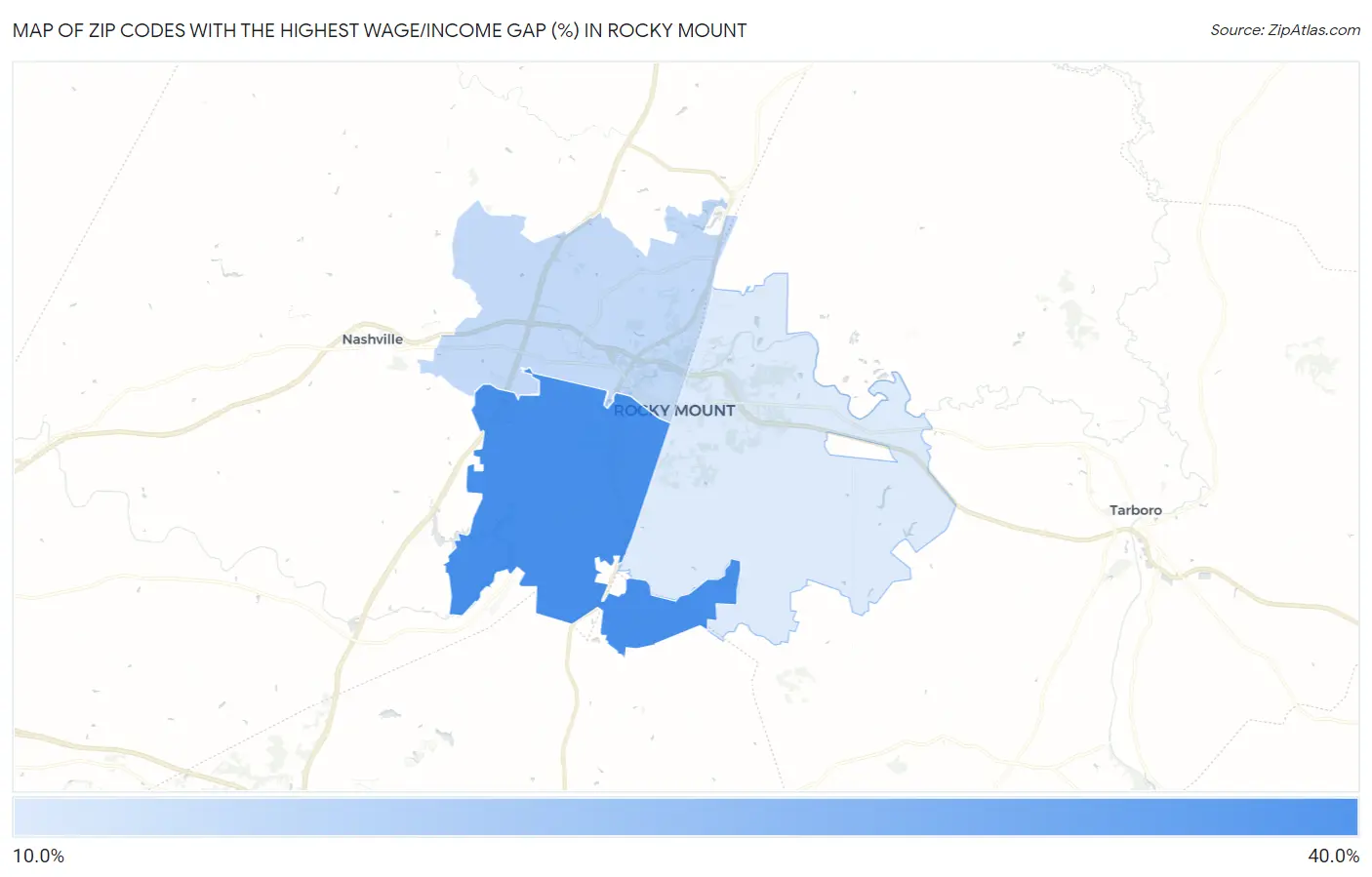 Zip Codes with the Highest Wage/Income Gap (%) in Rocky Mount Map