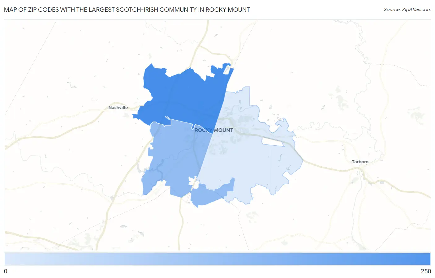 Zip Codes with the Largest Scotch-Irish Community in Rocky Mount Map