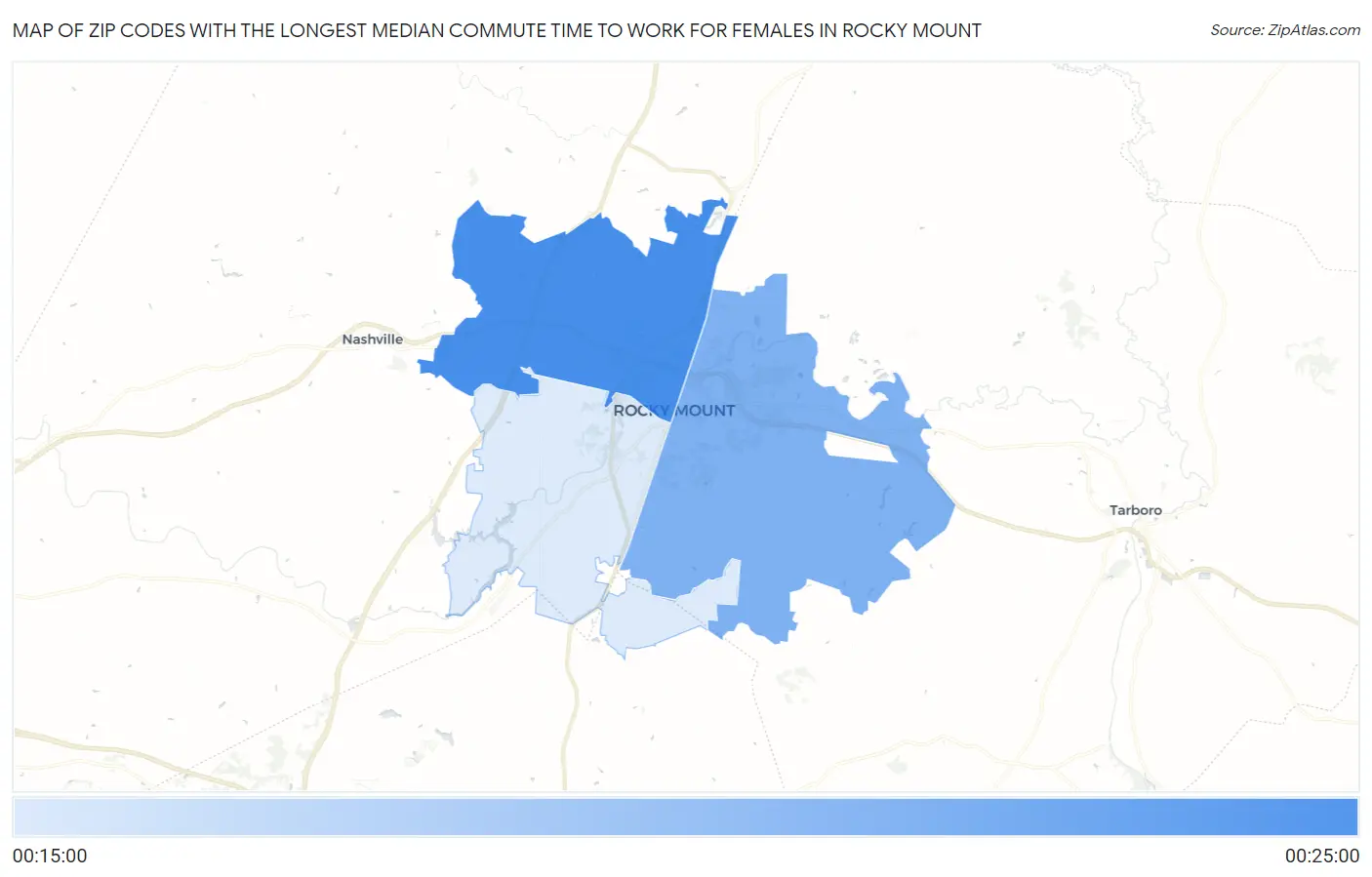 Zip Codes with the Longest Median Commute Time to Work for Females in Rocky Mount Map