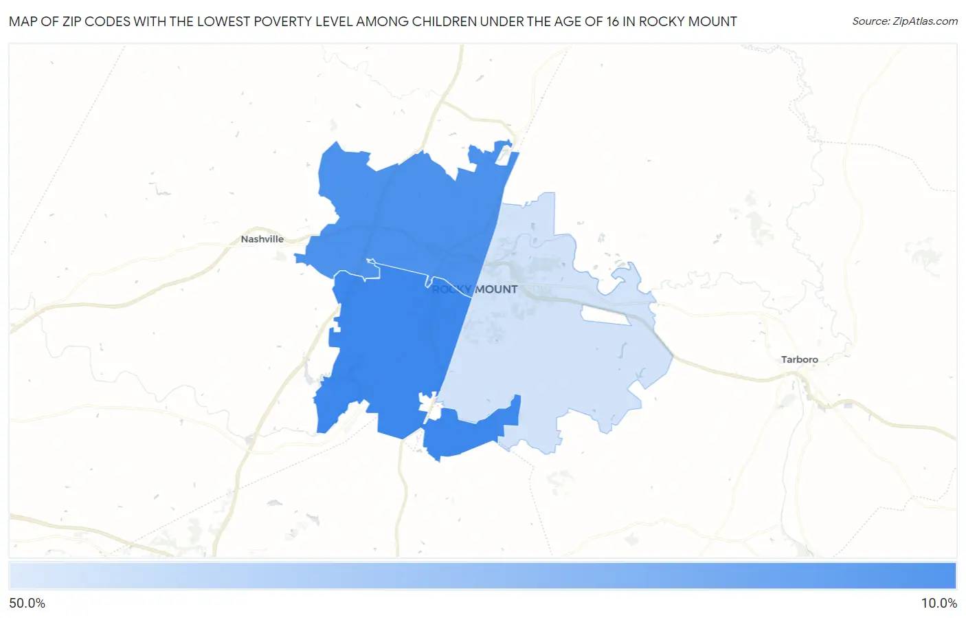 Zip Codes with the Lowest Poverty Level Among Children Under the Age of 16 in Rocky Mount Map