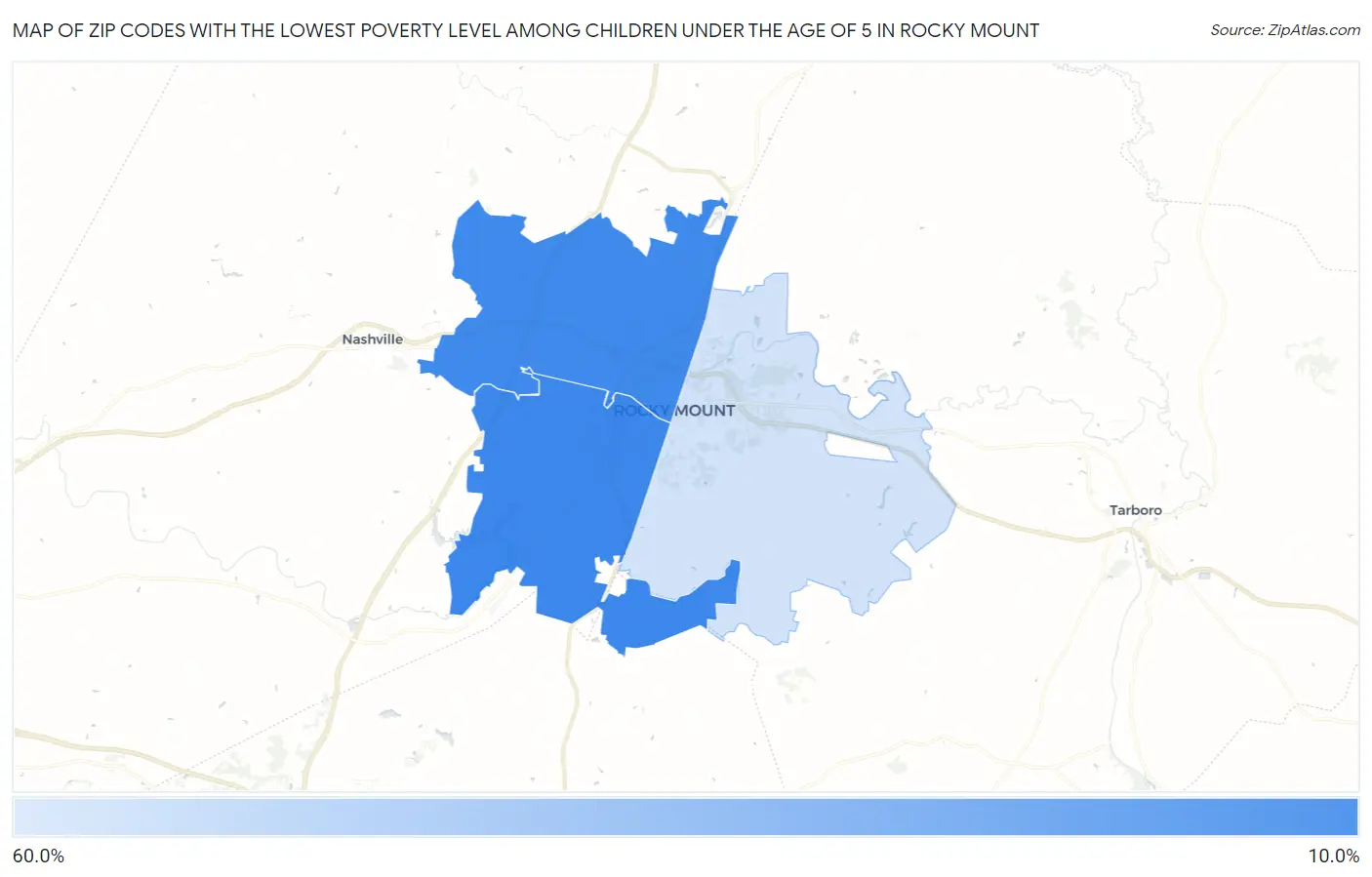 Zip Codes with the Lowest Poverty Level Among Children Under the Age of 5 in Rocky Mount Map
