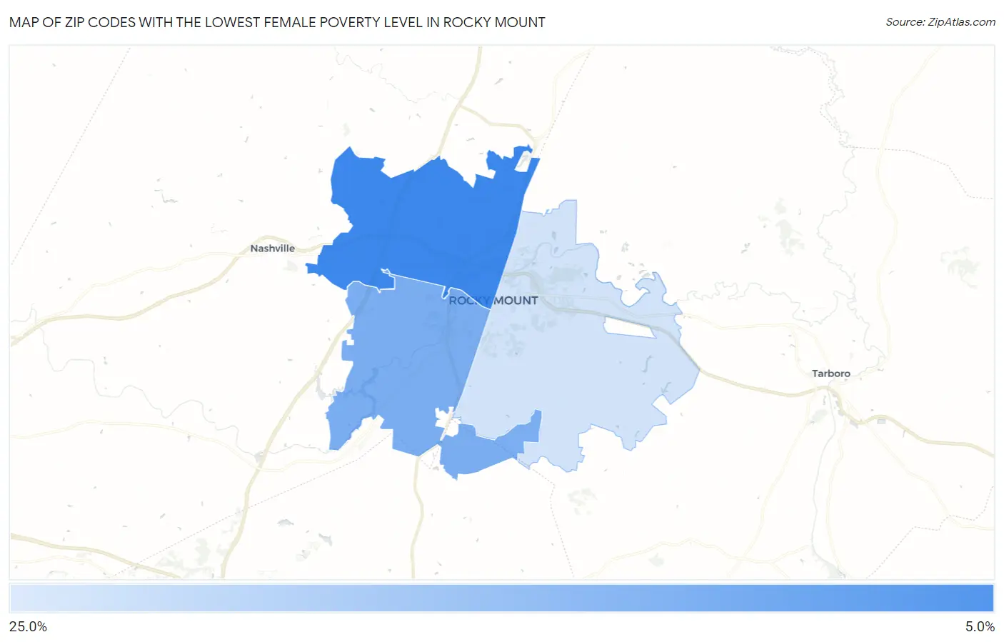 Zip Codes with the Lowest Female Poverty Level in Rocky Mount Map