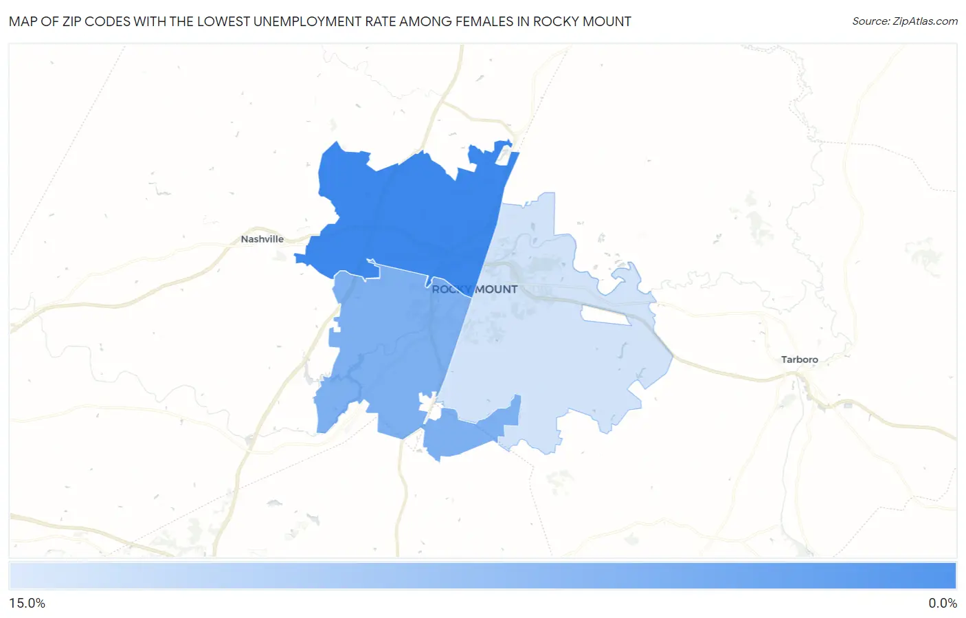 Zip Codes with the Lowest Unemployment Rate Among Females in Rocky Mount Map