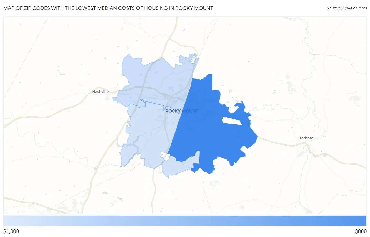 Zip Codes with the Lowest Median Costs of Housing in Rocky Mount Map