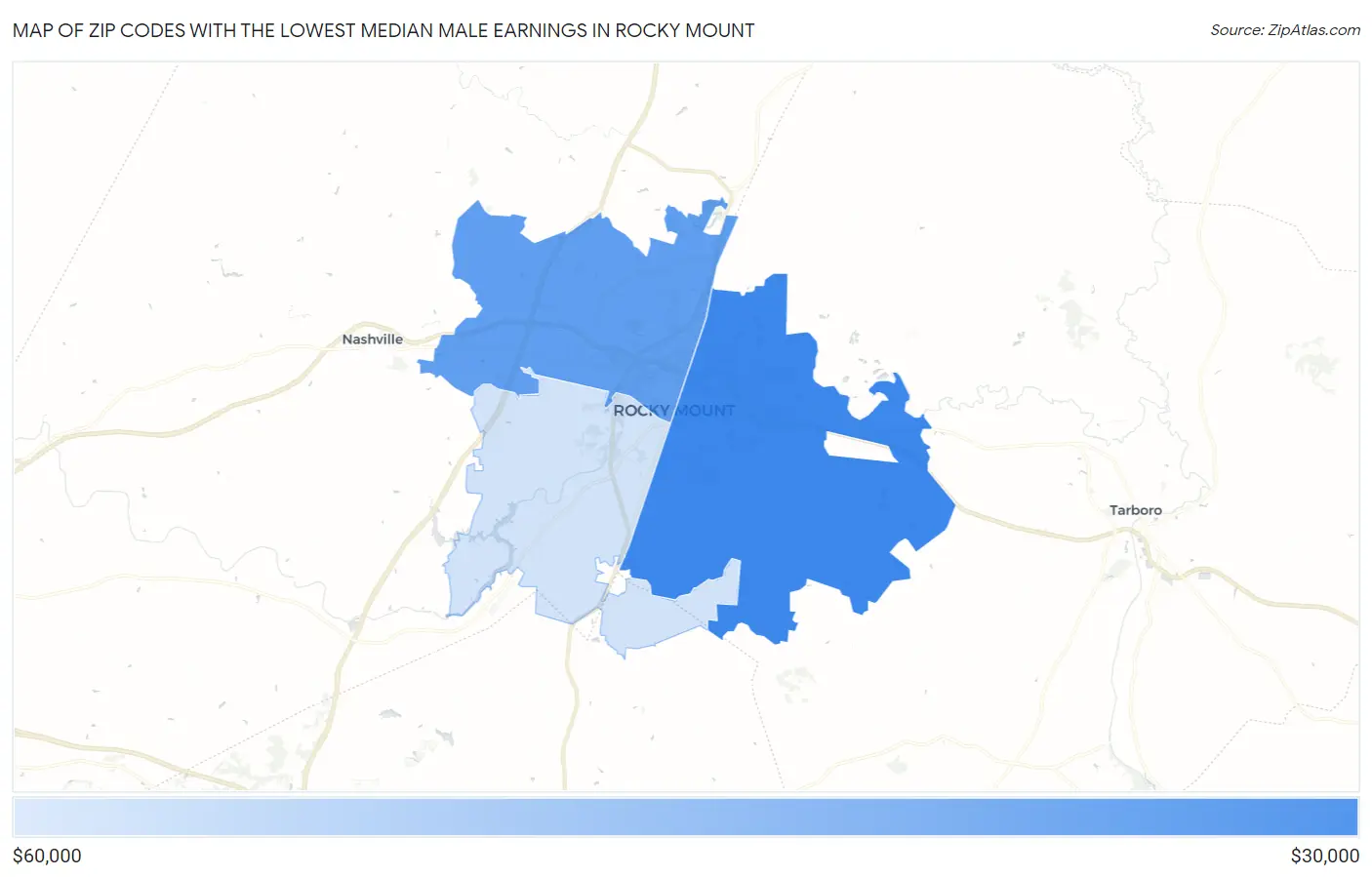 Zip Codes with the Lowest Median Male Earnings in Rocky Mount Map