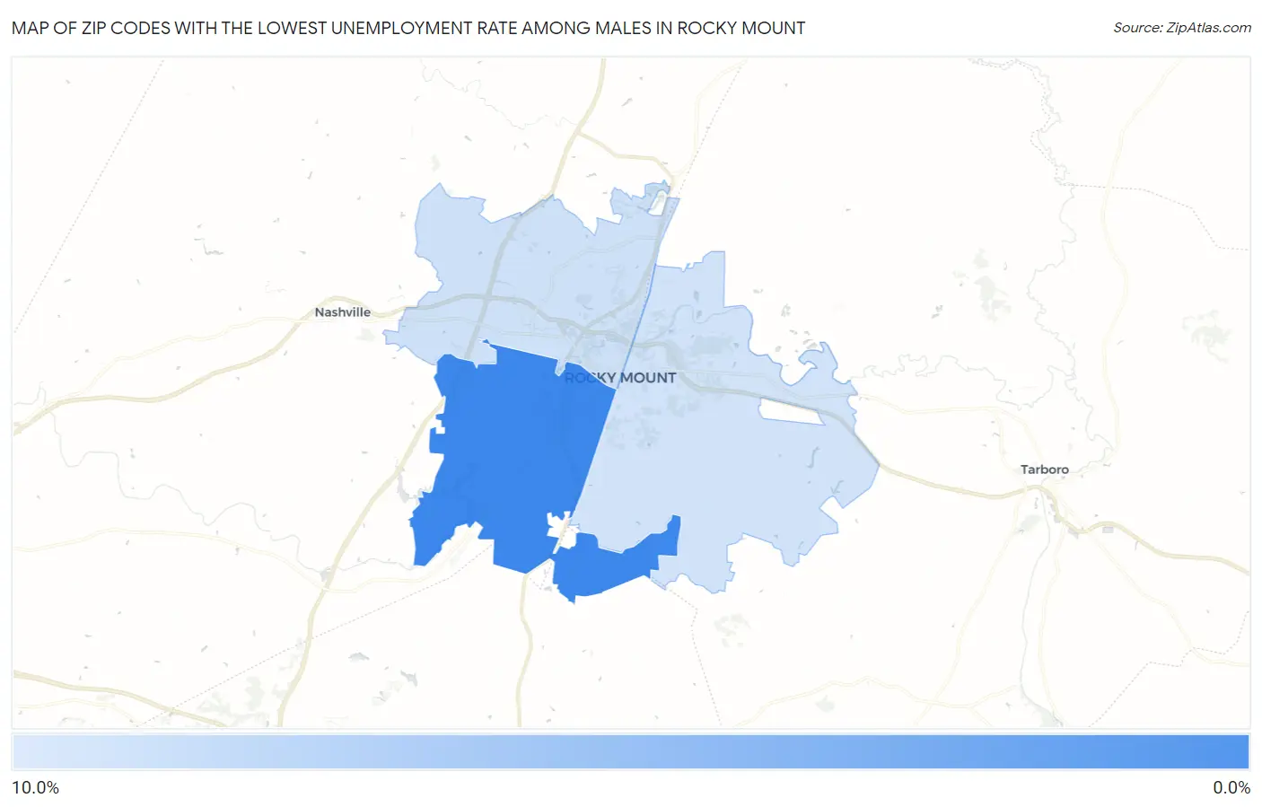 Zip Codes with the Lowest Unemployment Rate Among Males in Rocky Mount Map