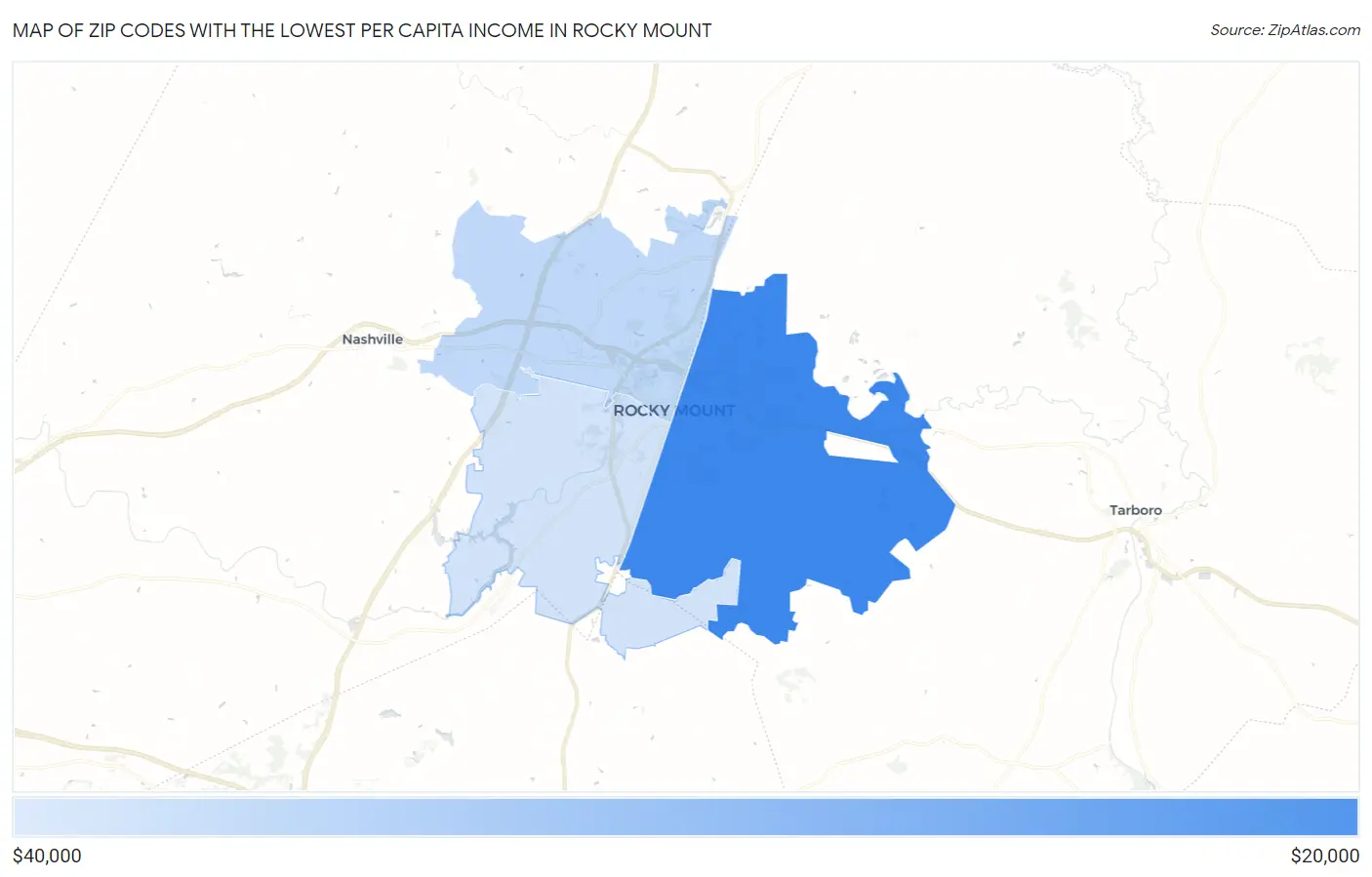 Zip Codes with the Lowest Per Capita Income in Rocky Mount Map