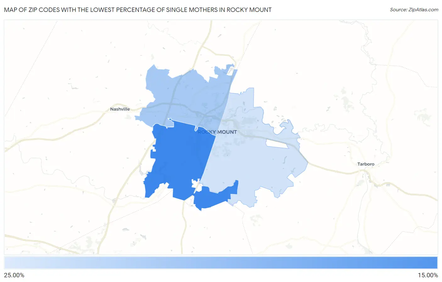 Zip Codes with the Lowest Percentage of Single Mothers in Rocky Mount Map