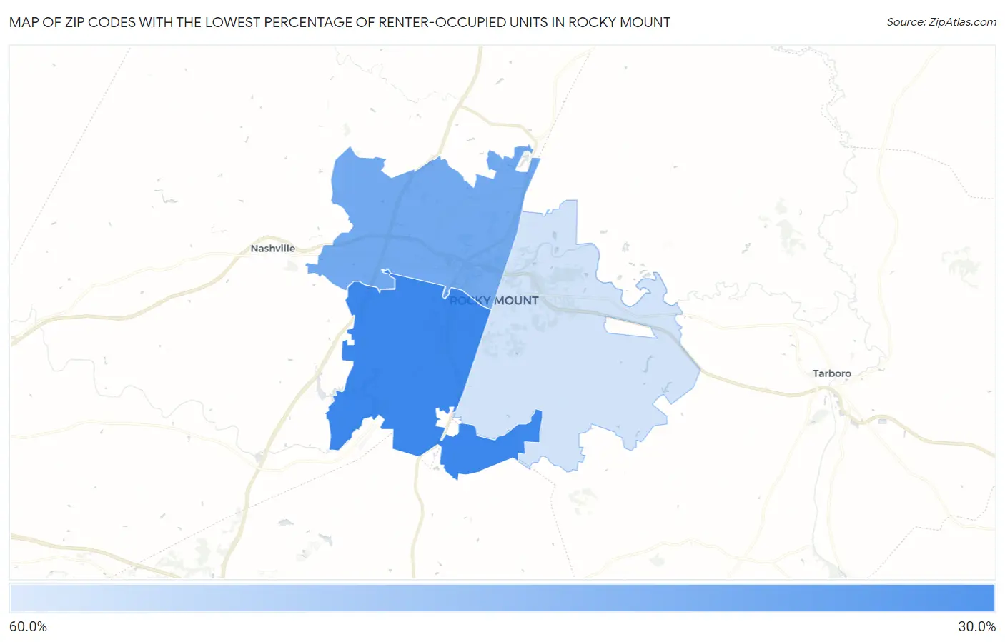 Zip Codes with the Lowest Percentage of Renter-Occupied Units in Rocky Mount Map