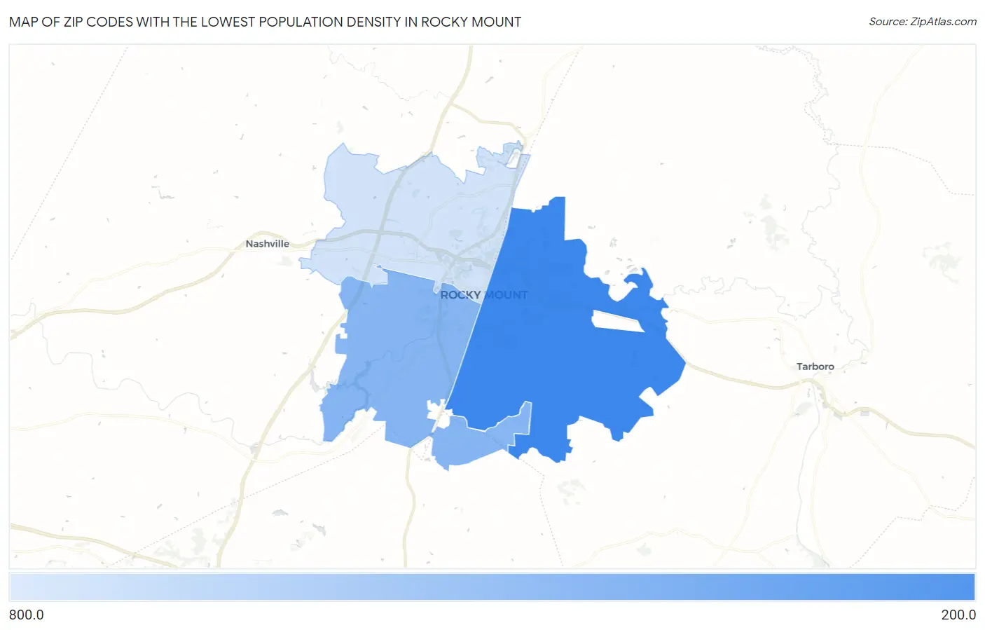 Zip Codes with the Lowest Population Density in Rocky Mount Map