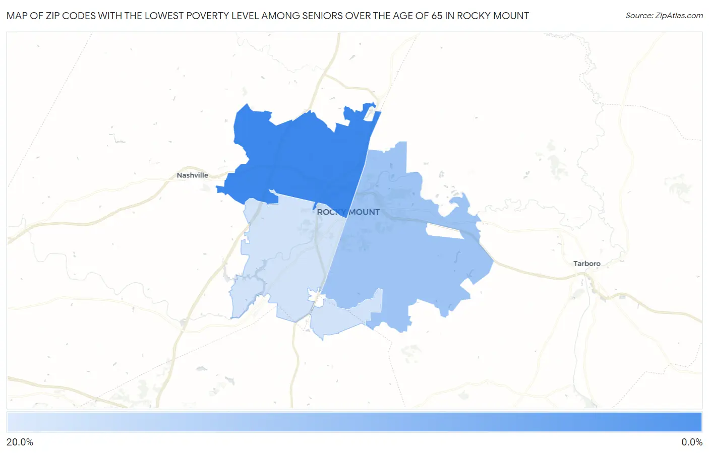 Zip Codes with the Lowest Poverty Level Among Seniors Over the Age of 65 in Rocky Mount Map