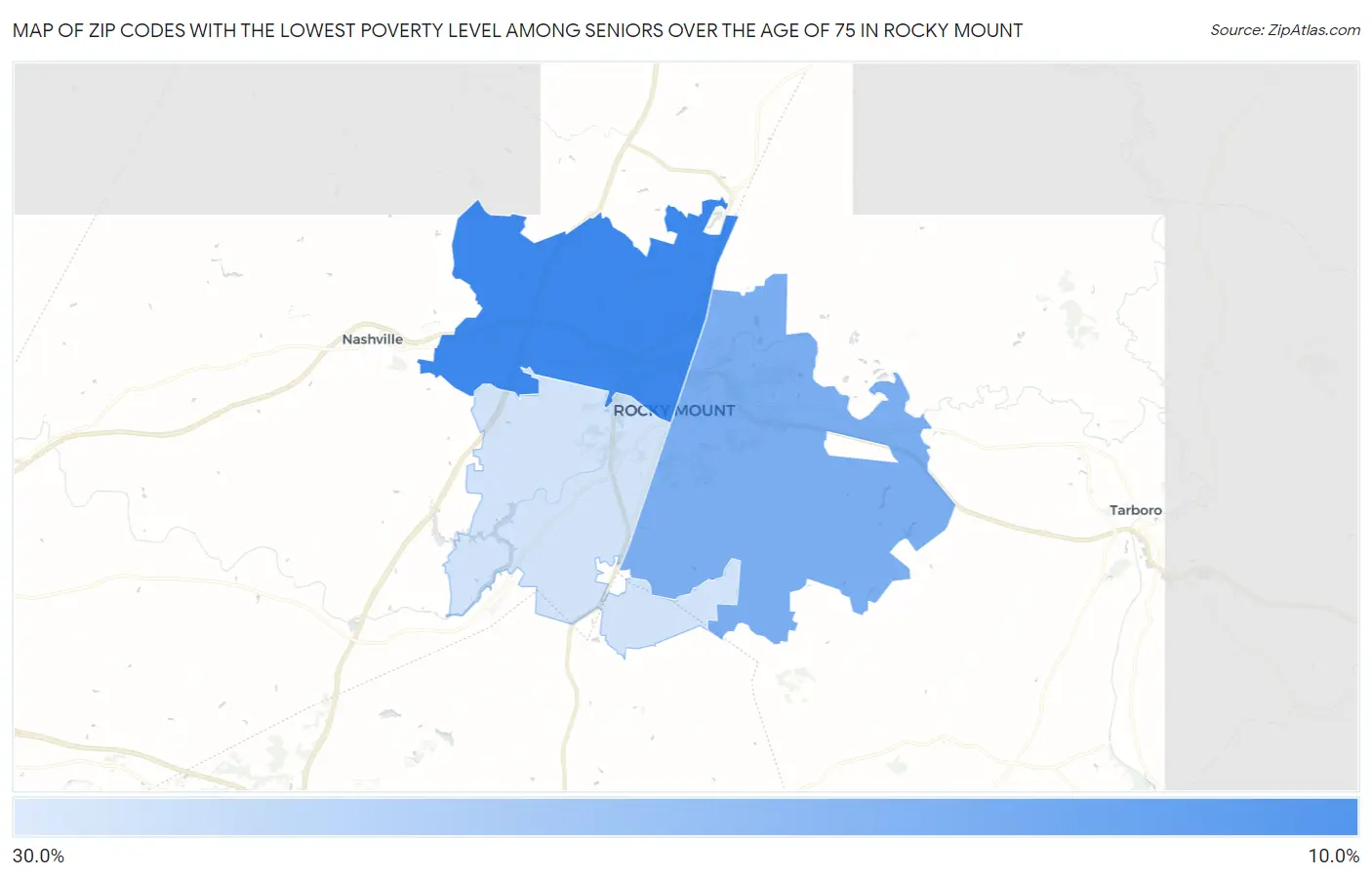 Zip Codes with the Lowest Poverty Level Among Seniors Over the Age of 75 in Rocky Mount Map