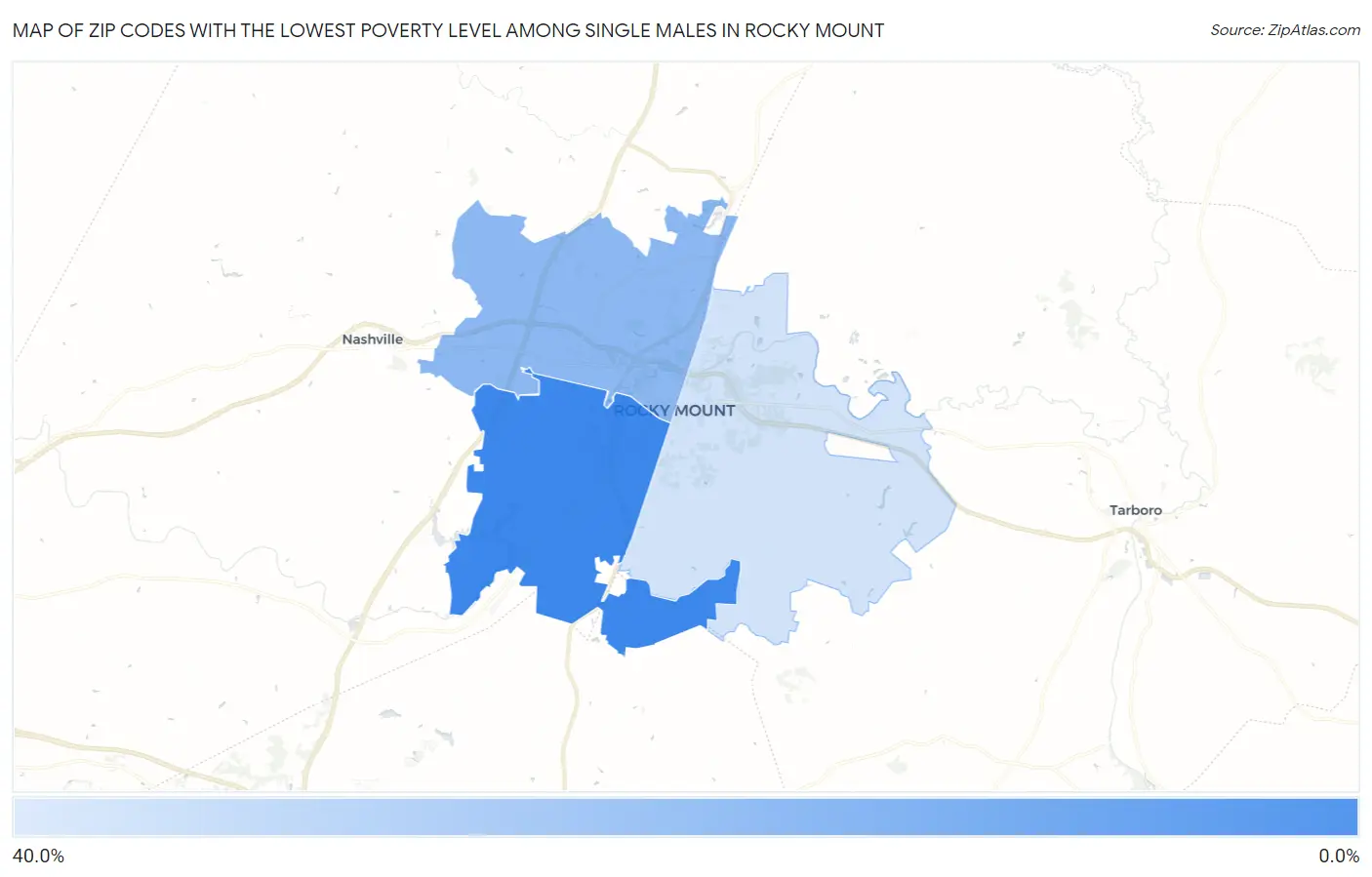 Zip Codes with the Lowest Poverty Level Among Single Males in Rocky Mount Map