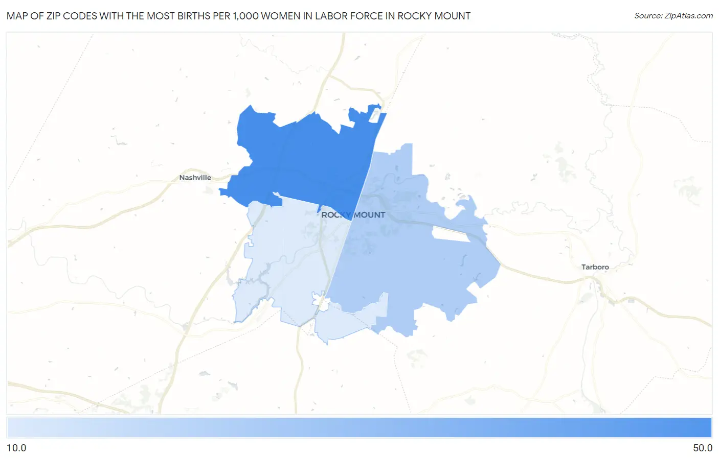 Zip Codes with the Most Births per 1,000 Women in Labor Force in Rocky Mount Map