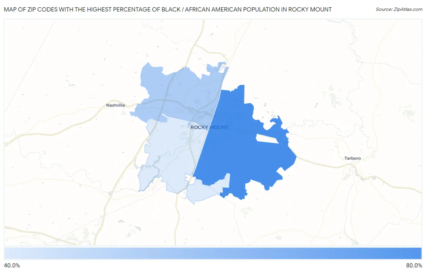Zip Codes with the Highest Percentage of Black / African American Population in Rocky Mount Map