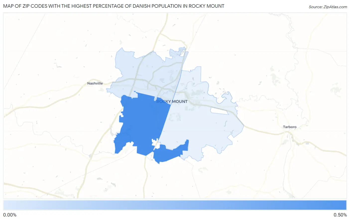 Zip Codes with the Highest Percentage of Danish Population in Rocky Mount Map