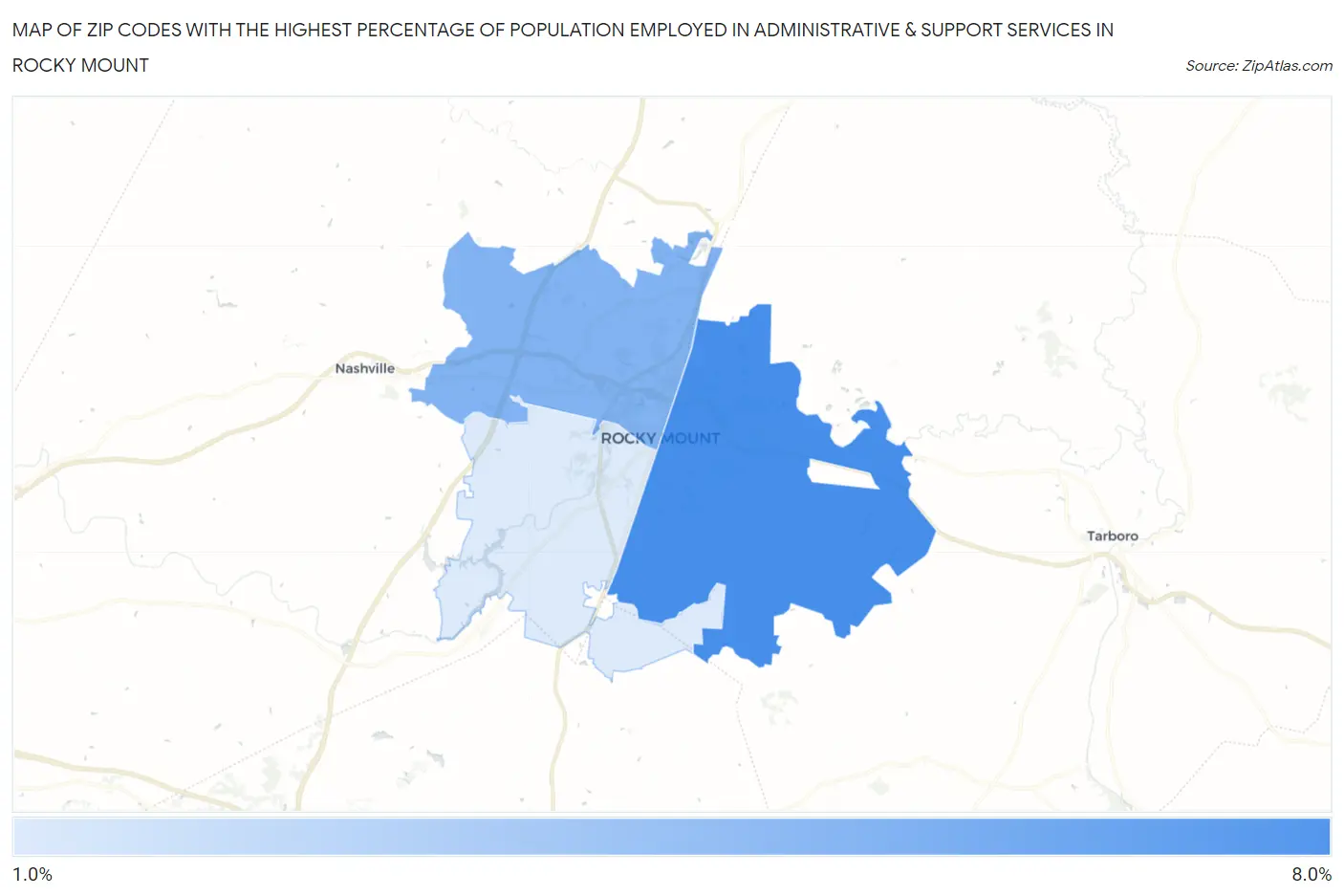 Zip Codes with the Highest Percentage of Population Employed in Administrative & Support Services in Rocky Mount Map