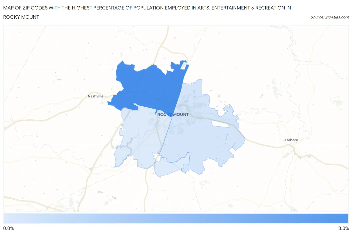 Zip Codes with the Highest Percentage of Population Employed in Arts, Entertainment & Recreation in Rocky Mount Map