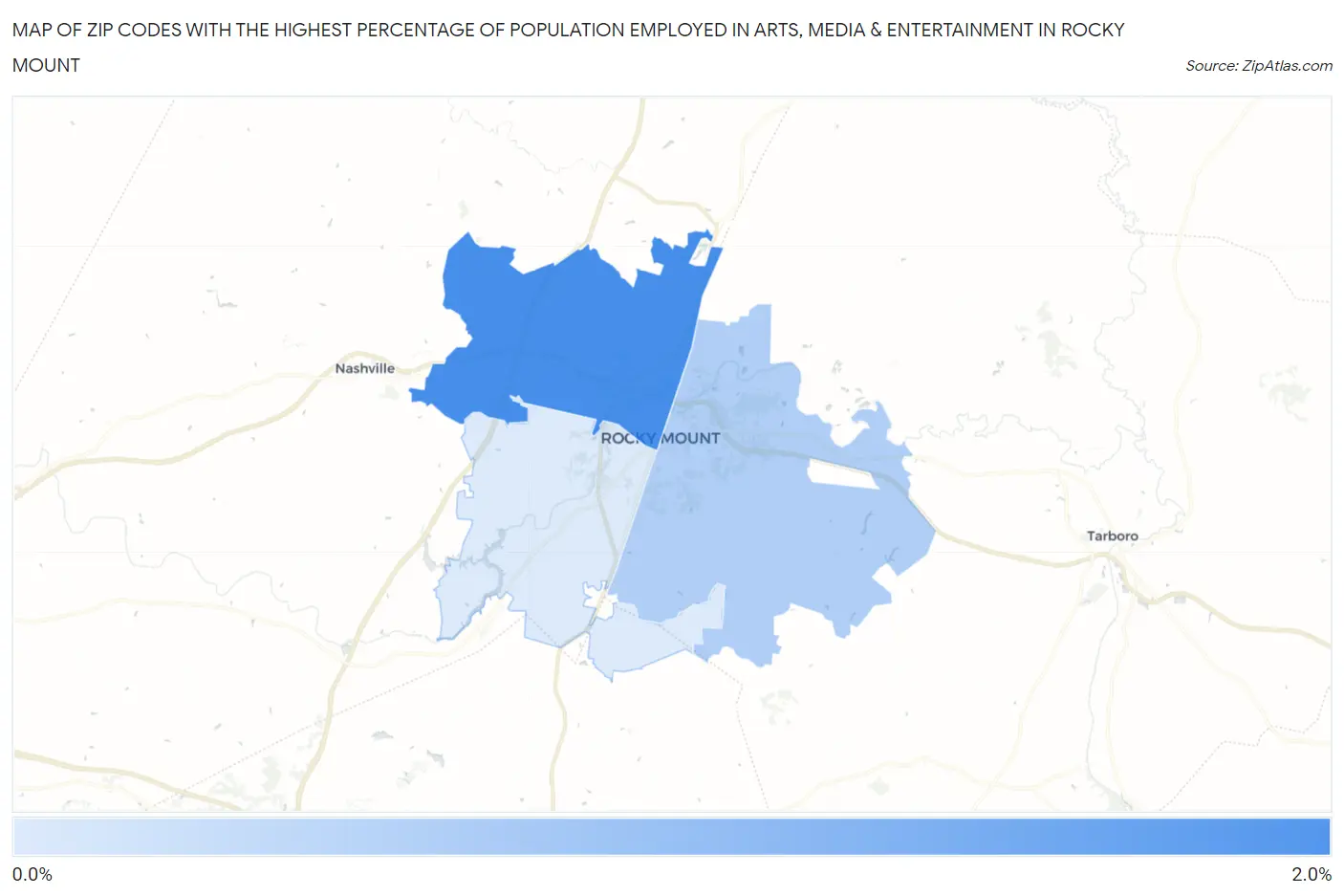 Zip Codes with the Highest Percentage of Population Employed in Arts, Media & Entertainment in Rocky Mount Map