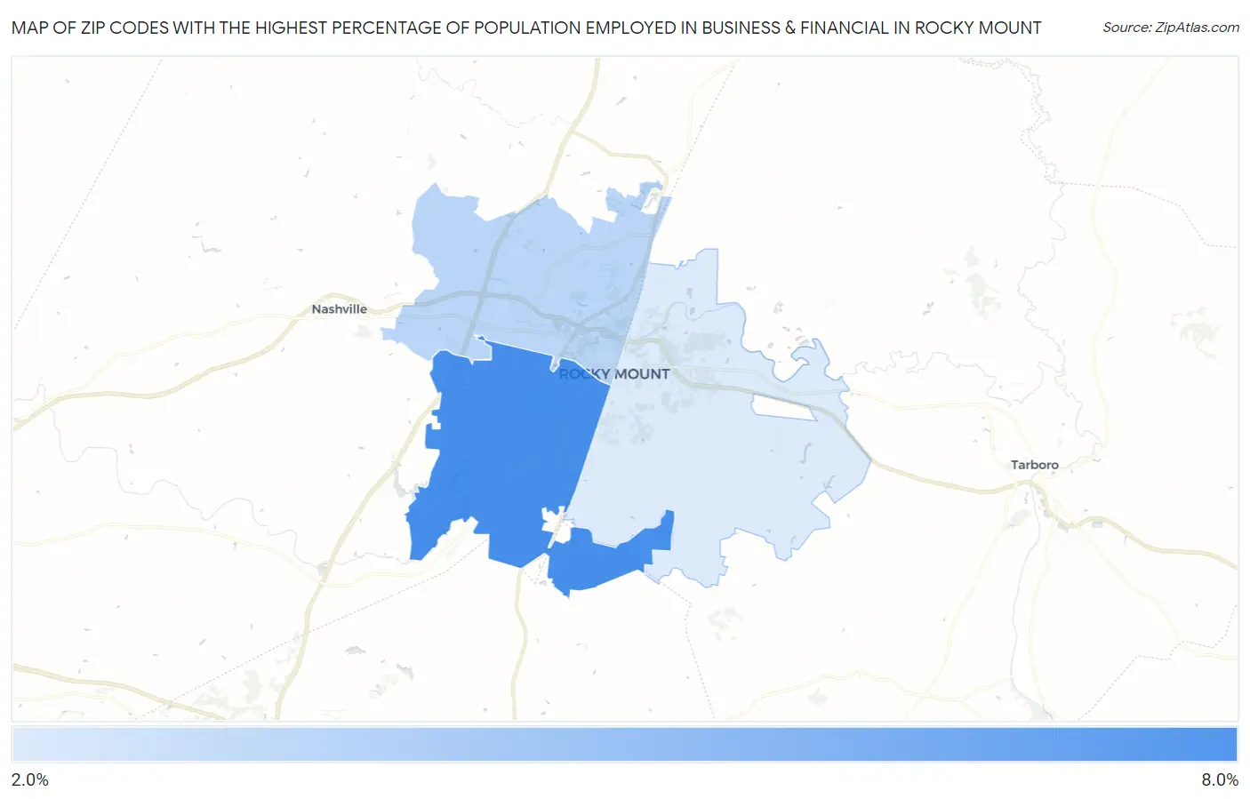 Zip Codes with the Highest Percentage of Population Employed in Business & Financial in Rocky Mount Map