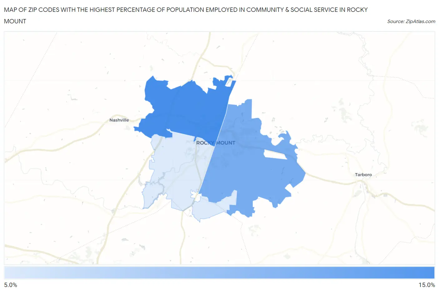 Zip Codes with the Highest Percentage of Population Employed in Community & Social Service  in Rocky Mount Map