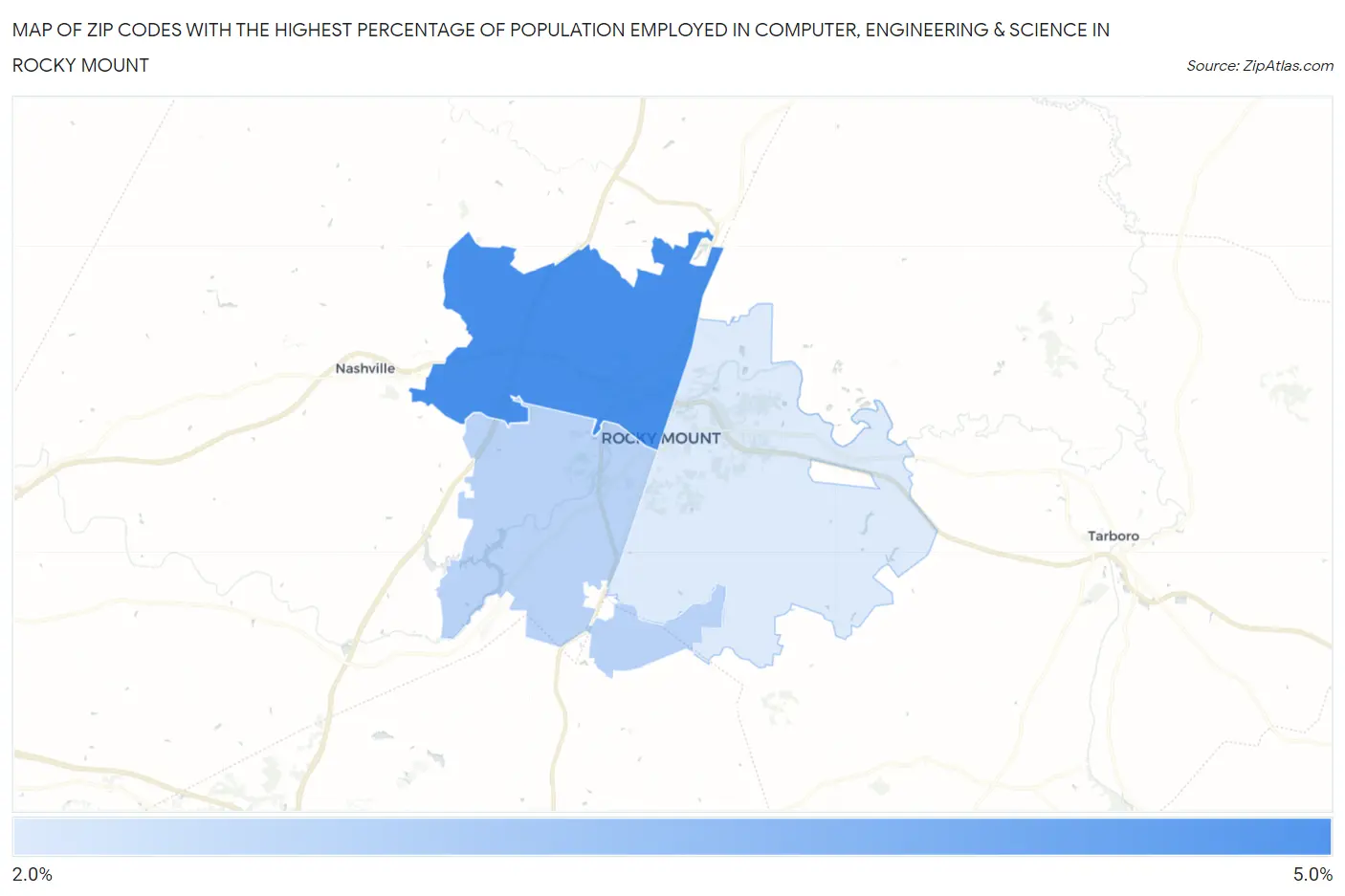 Zip Codes with the Highest Percentage of Population Employed in Computer, Engineering & Science in Rocky Mount Map
