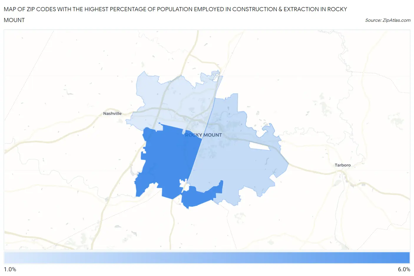 Zip Codes with the Highest Percentage of Population Employed in Construction & Extraction in Rocky Mount Map