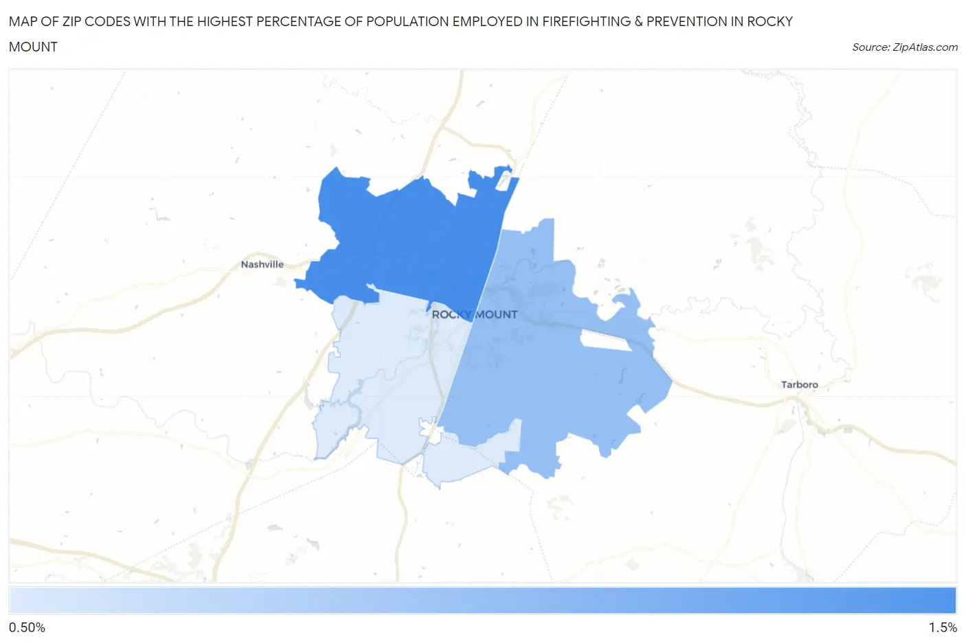 Zip Codes with the Highest Percentage of Population Employed in Firefighting & Prevention in Rocky Mount Map