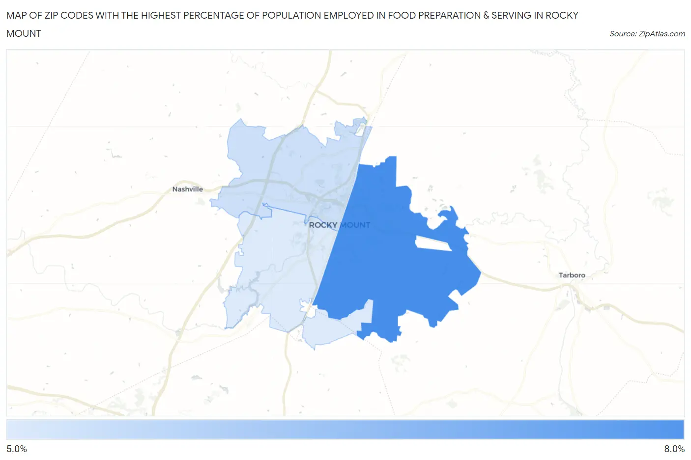 Zip Codes with the Highest Percentage of Population Employed in Food Preparation & Serving in Rocky Mount Map