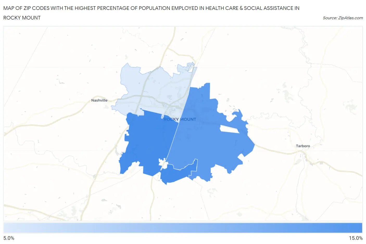 Zip Codes with the Highest Percentage of Population Employed in Health Care & Social Assistance in Rocky Mount Map