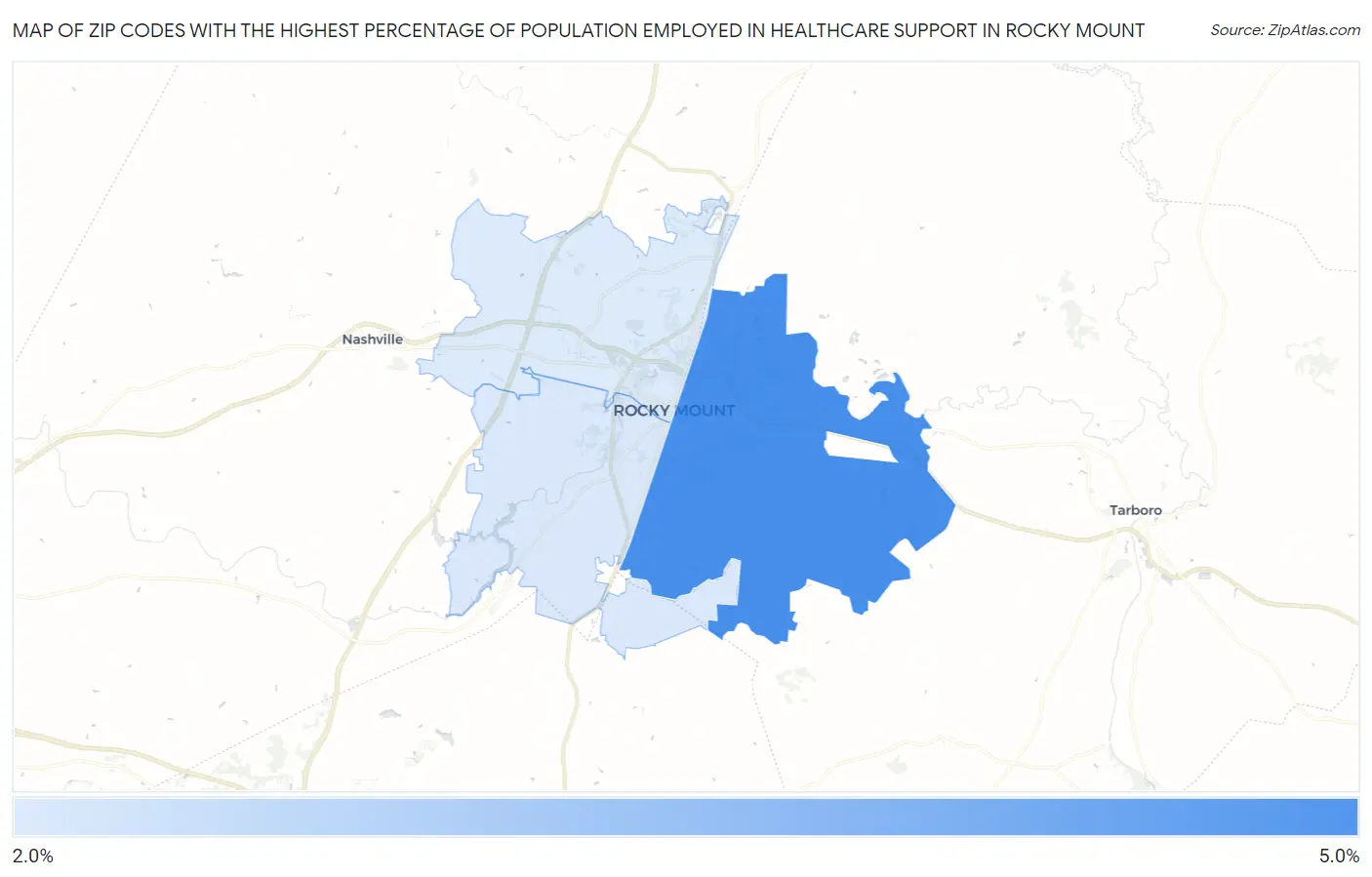 Zip Codes with the Highest Percentage of Population Employed in Healthcare Support in Rocky Mount Map