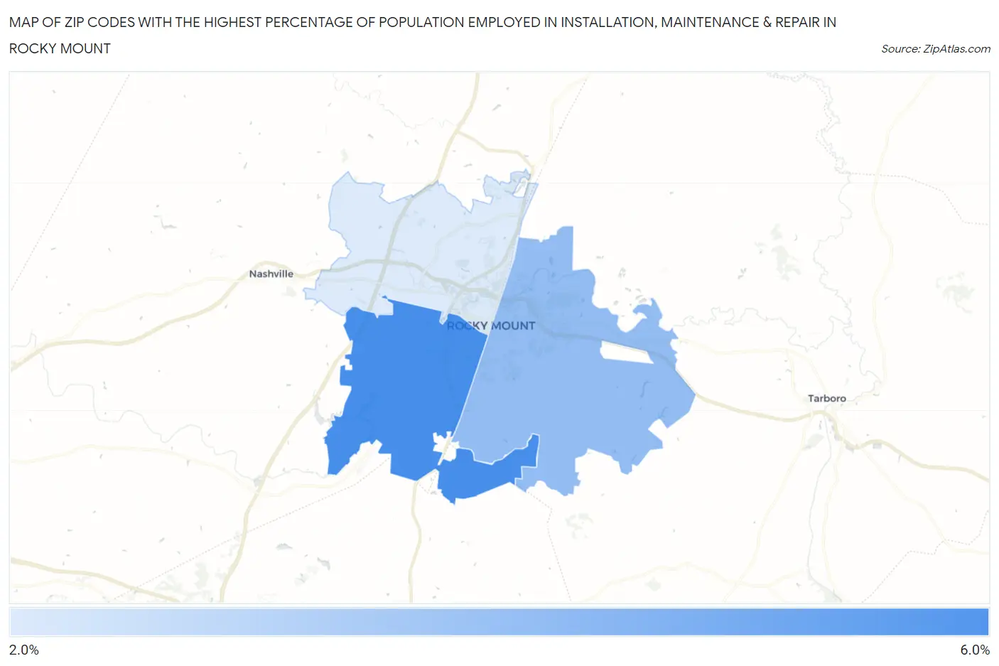 Zip Codes with the Highest Percentage of Population Employed in Installation, Maintenance & Repair in Rocky Mount Map