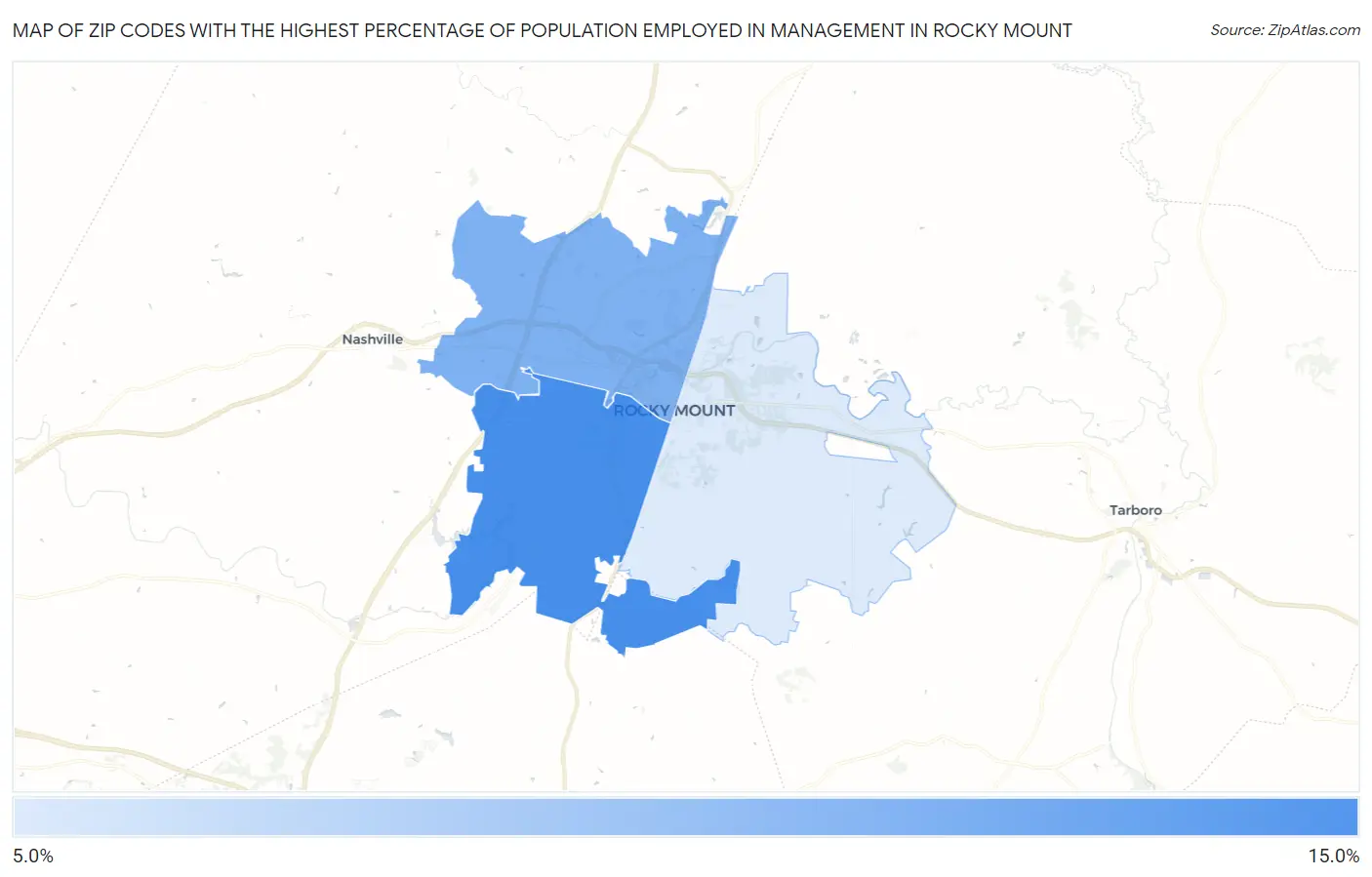 Zip Codes with the Highest Percentage of Population Employed in Management in Rocky Mount Map