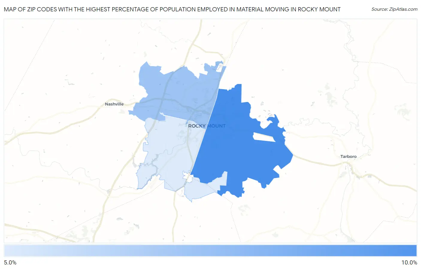 Zip Codes with the Highest Percentage of Population Employed in Material Moving in Rocky Mount Map